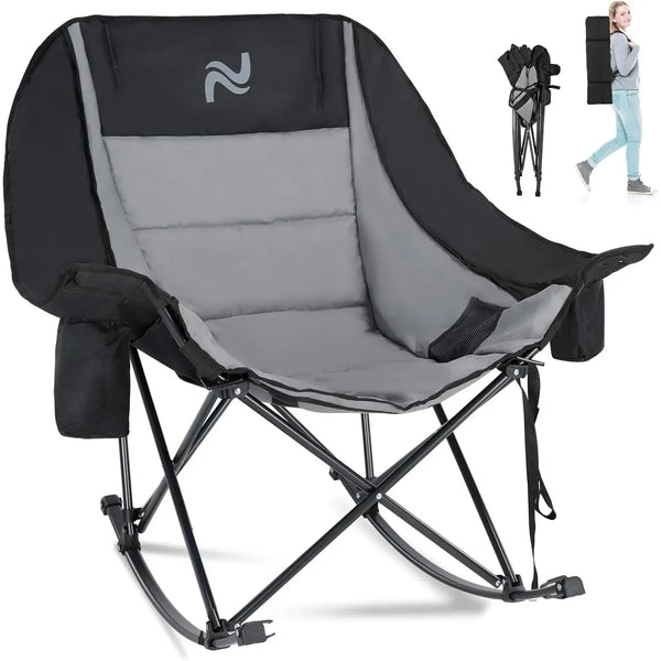 ABORON Rocking Camping Chair,XXL Oversized Folding Fully Padded Outdoor Lawn Chair with Side Pocket,Portable Recliner for Patio, Backyard, Supports 400 lbs