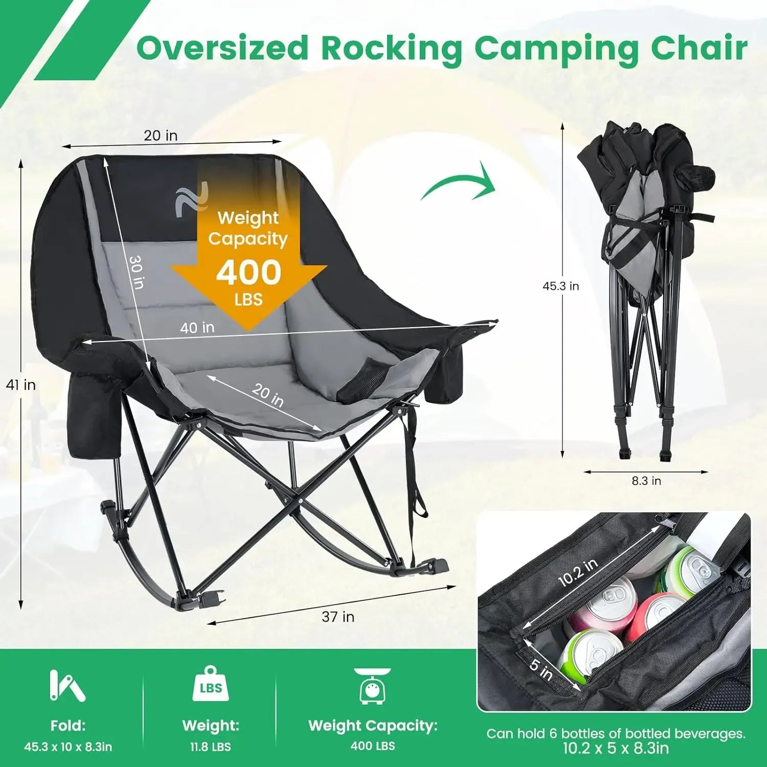 ABORON Rocking Camping Chair,XXL Oversized Folding Fully Padded Outdoor Lawn Chair with Side Pocket,Portable Recliner for Patio, Backyard, Supports 400 lbs