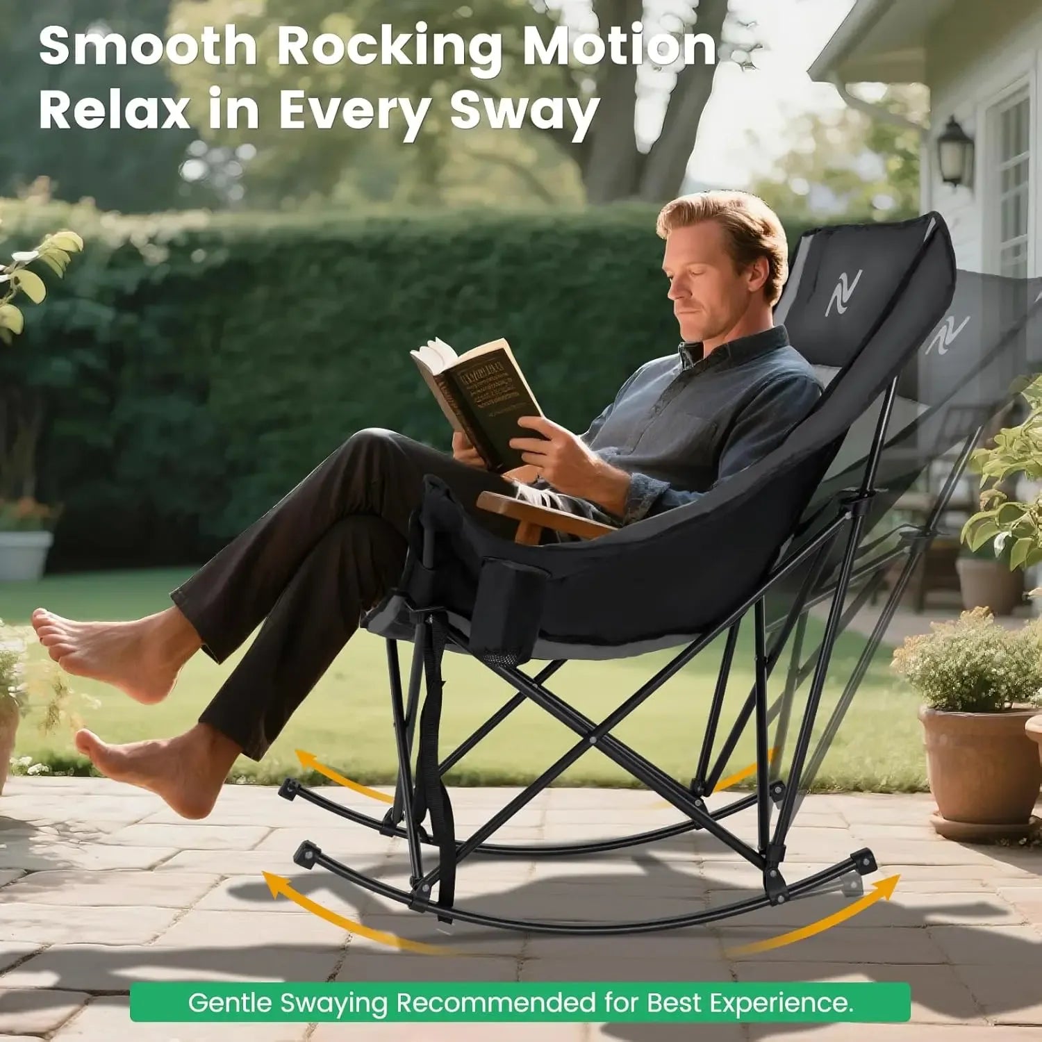 ABORON Rocking Camping Chair,XXL Oversized Folding Fully Padded Outdoor Lawn Chair with Side Pocket,Portable Recliner for Patio, Backyard, Supports 400 lbs