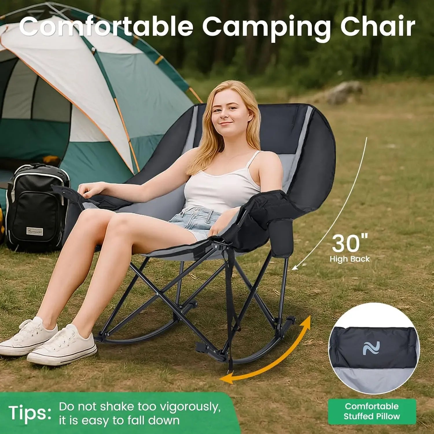 ABORON Rocking Camping Chair,XXL Oversized Folding Fully Padded Outdoor Lawn Chair with Side Pocket,Portable Recliner for Patio, Backyard, Supports 400 lbs