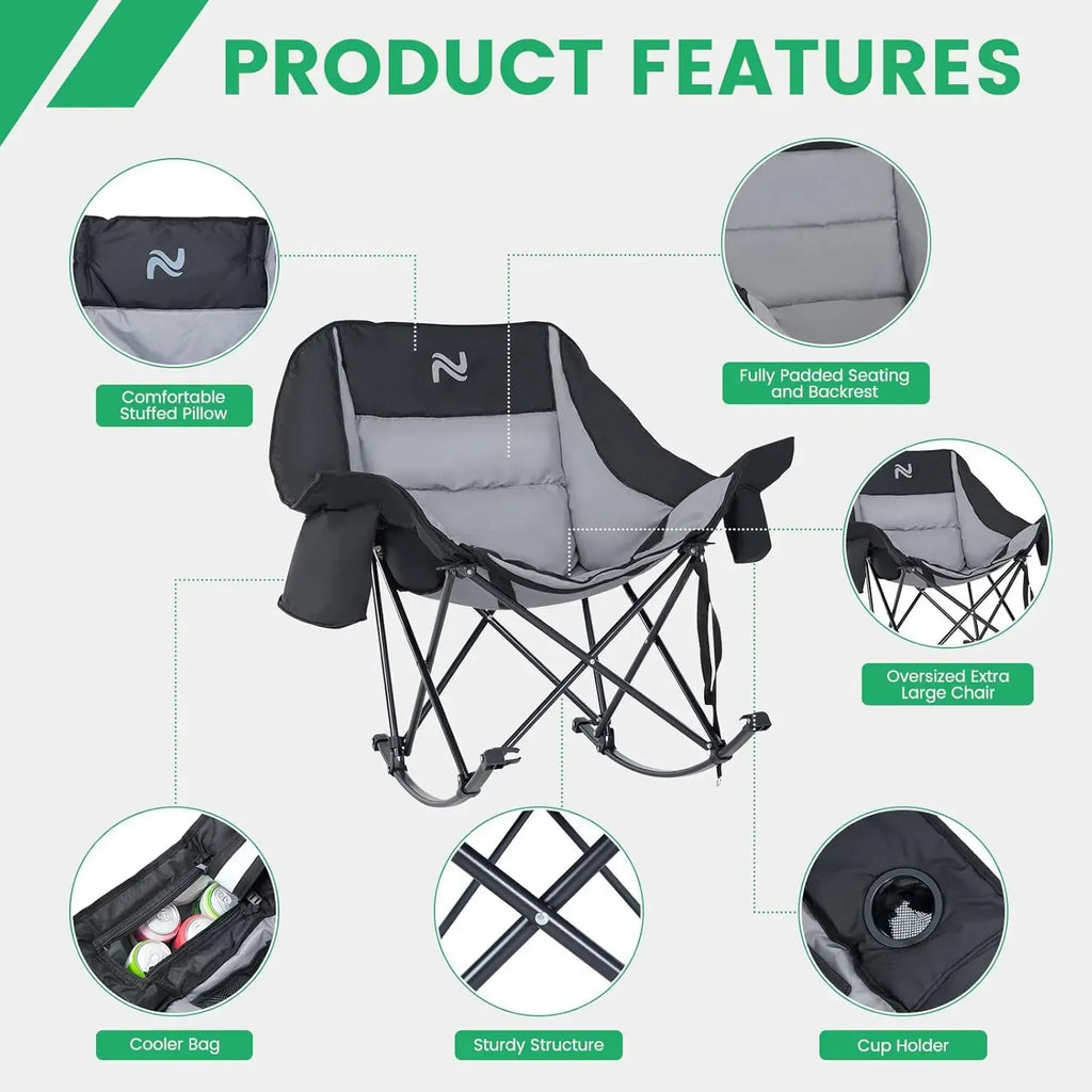 ABORON Rocking Camping Chair,XXL Oversized Folding Fully Padded Outdoor Lawn Chair with Side Pocket,Portable Recliner for Patio, Backyard, Supports 400 lbs
