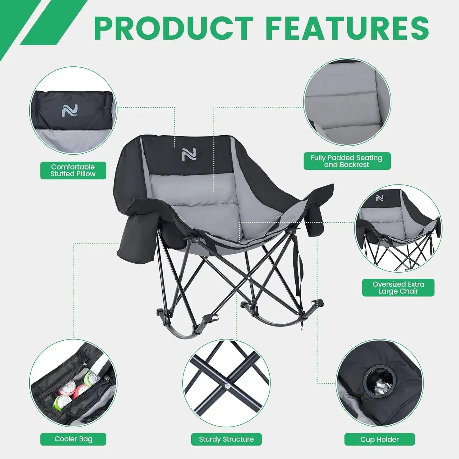 ABORON Rocking Camping Chair,XXL Oversized Folding Fully Padded Outdoor Lawn Chair with Side Pocket,Portable Recliner for Patio, Backyard, Supports 400 lbs