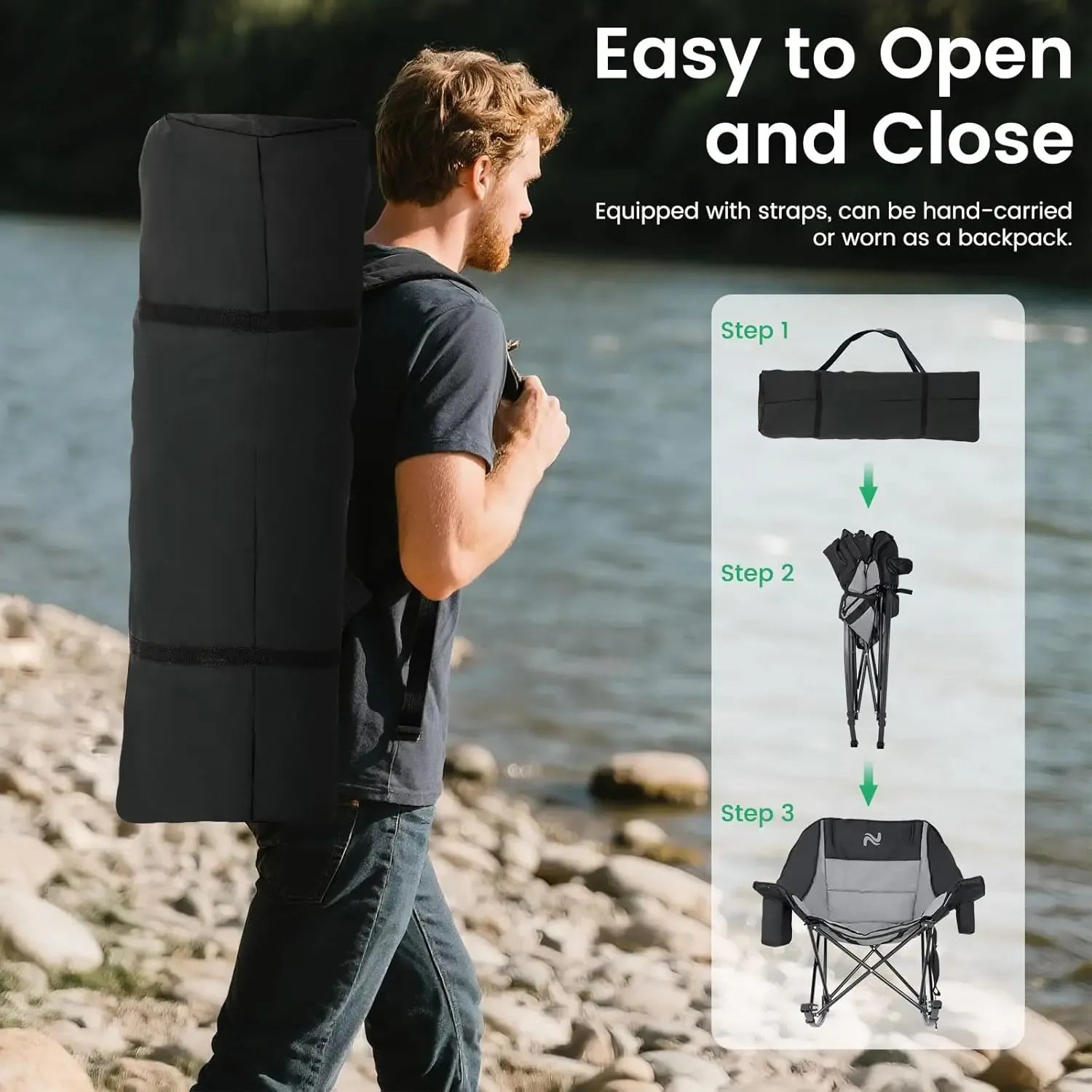 ABORON Rocking Camping Chair,XXL Oversized Folding Fully Padded Outdoor Lawn Chair with Side Pocket,Portable Recliner for Patio, Backyard, Supports 400 lbs