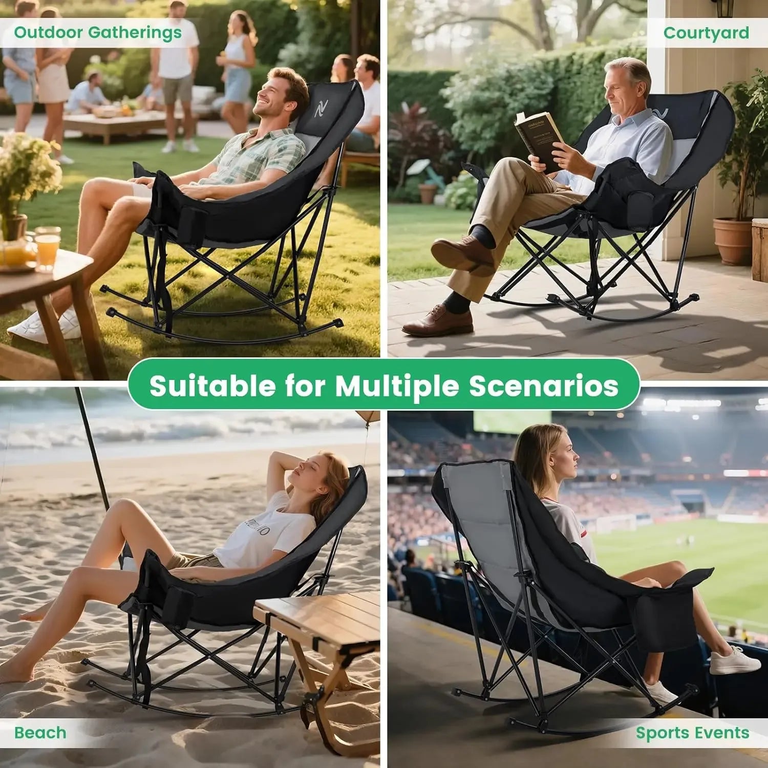 ABORON Rocking Camping Chair,XXL Oversized Folding Fully Padded Outdoor Lawn Chair with Side Pocket,Portable Recliner for Patio, Backyard, Supports 400 lbs