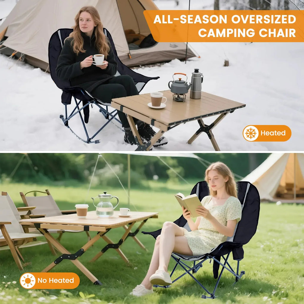 ABORON Rocking Camping Chair,XXL Oversized Folding Fully Padded Outdoor Lawn Chair with Side Pocket,Portable Recliner for Patio, Backyard, Supports 400 lbs