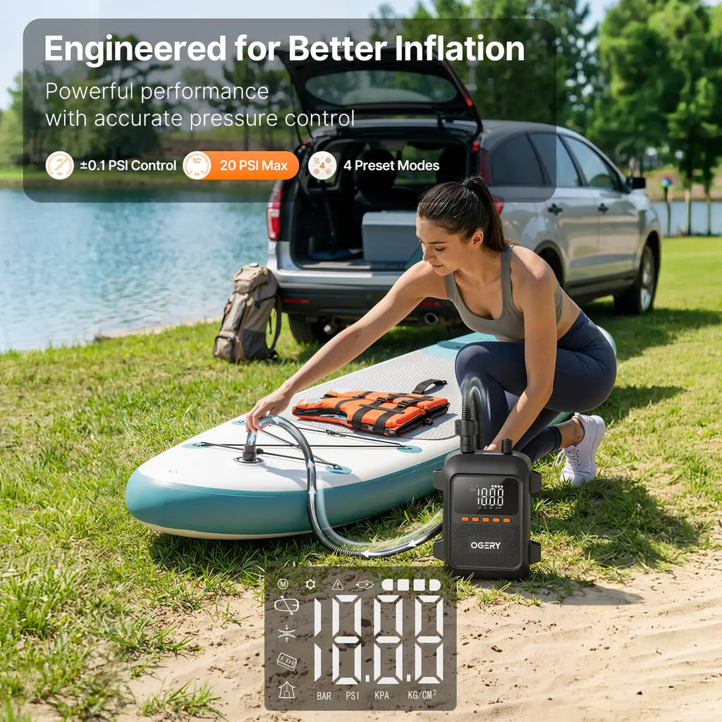 OGERY Paddle Board Electric Pump with Safe & 30% Faster Dual Stage Inflation & Deflation, Up to 20PSI, Smart Auto-Off and Powerful Rechargeable Compact Air Pump for Sup Inflatable Beds Tent Boats summerwins